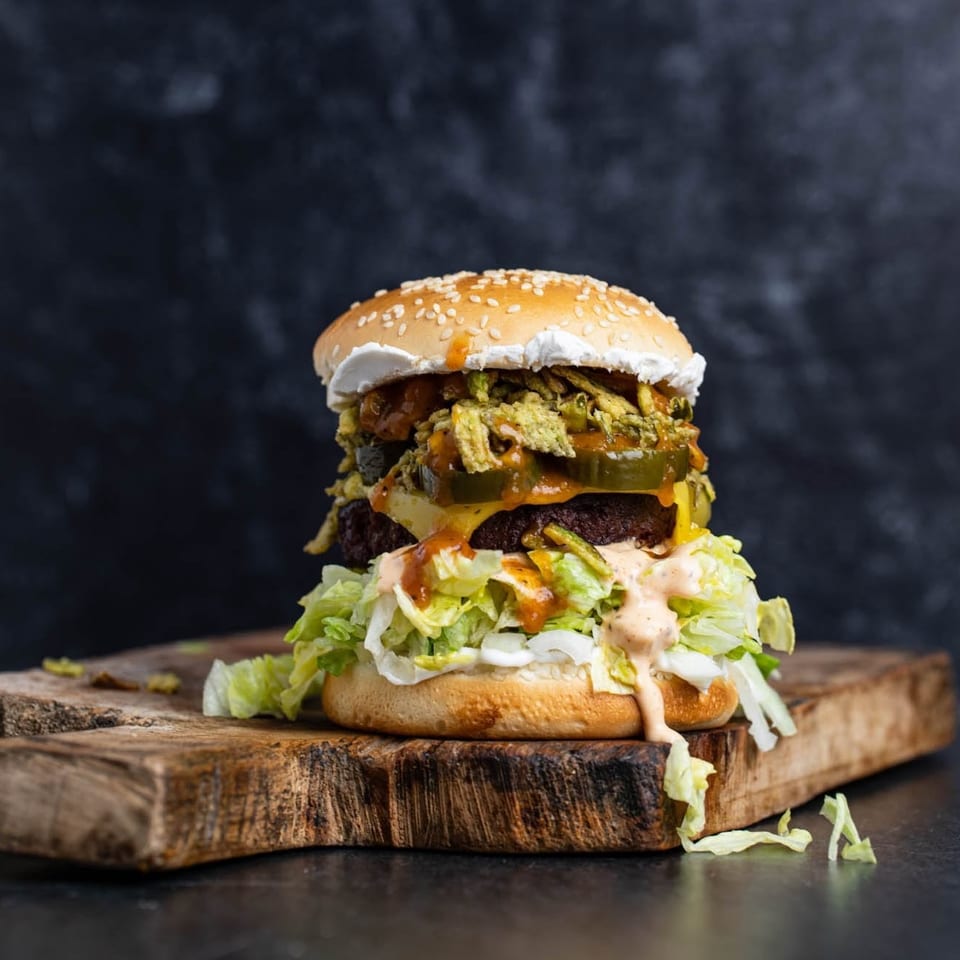 A towering burger with lettuce, cheese, pickles, and crispy toppings on a wooden board.