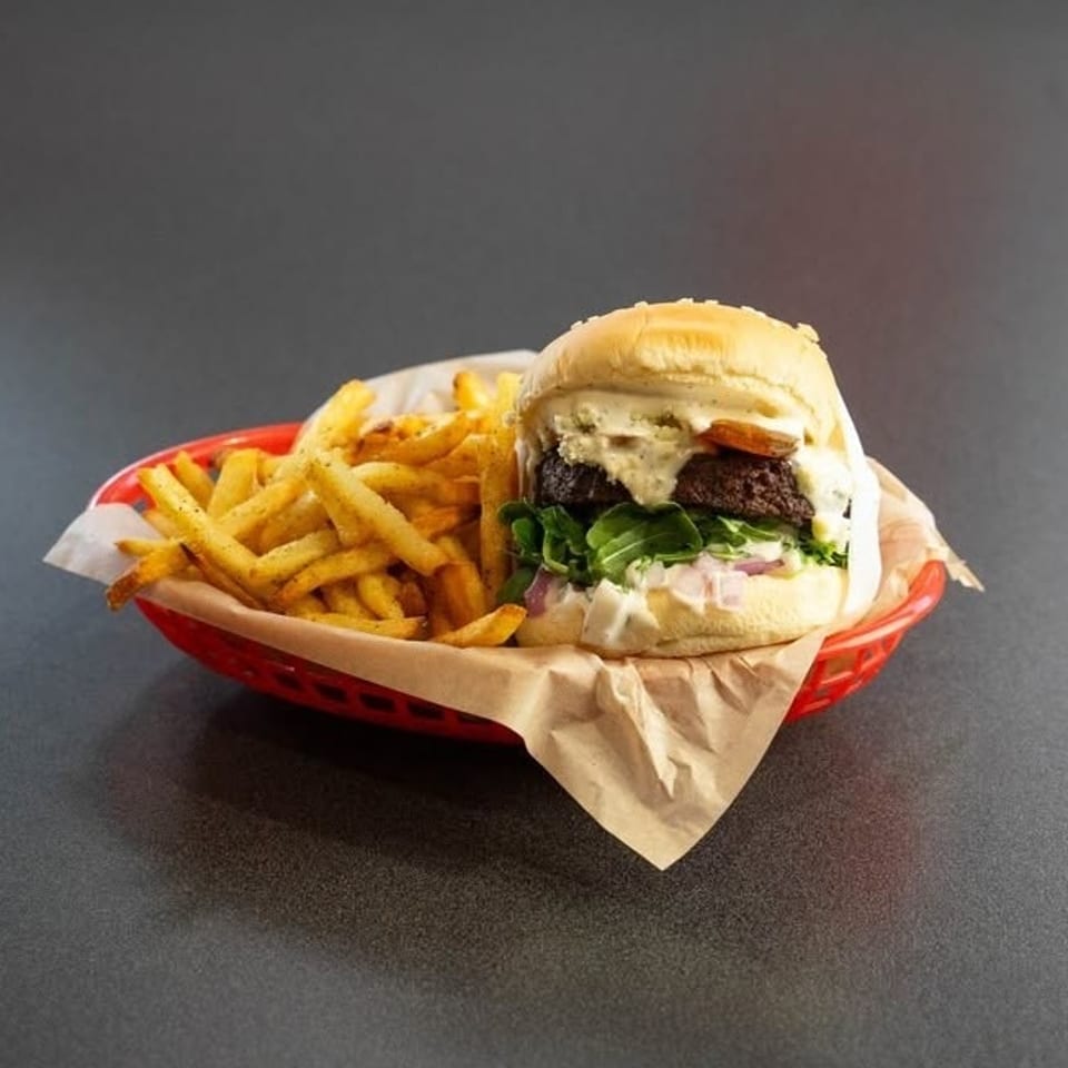 Gourmet burger with fries in a red basket, featuring a thick patty, arugula, and creamy sauce.
