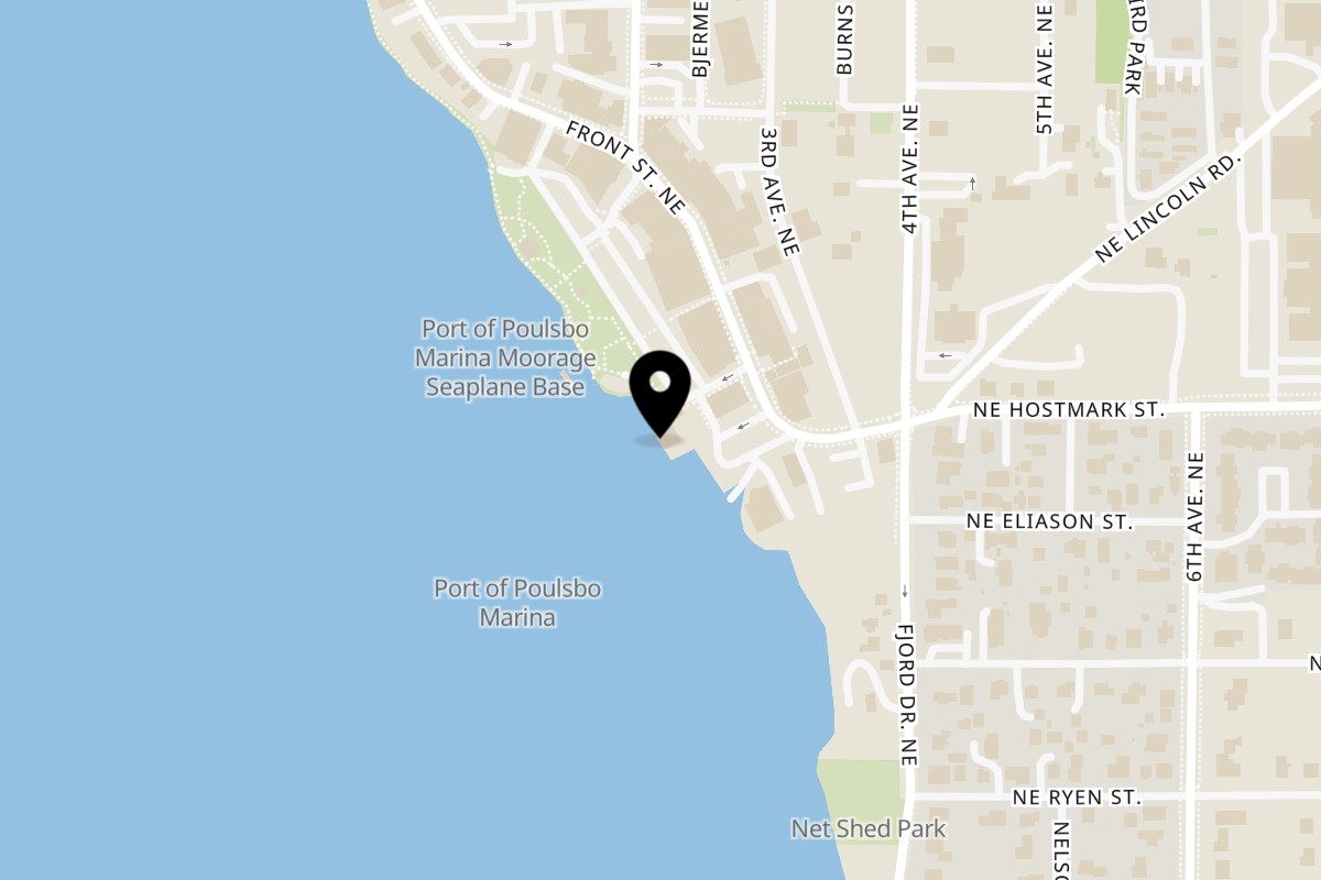 Map showing the location of Juicy J’s Smoked Burgers 100% Plant Based! on 18779 Anderson Pkwy Ste 100 in Poulsbo